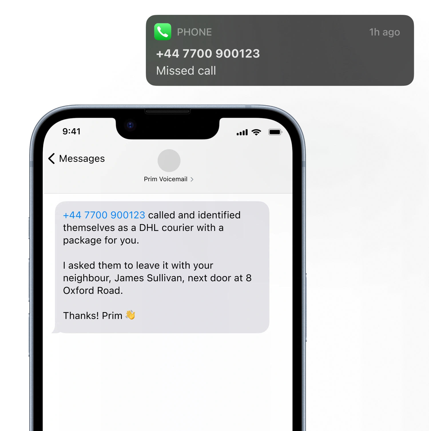 Prim AI SMS summary showing detailed call information from a missed personal call with phone notification